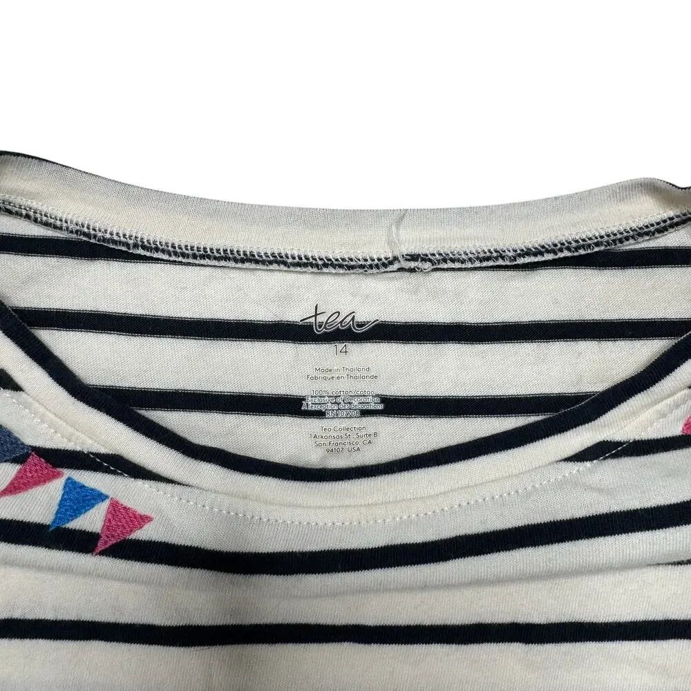 TEA COLLECTION Classic Striped Dress Blue White Sz 14 Girls Embroidered 8F82300